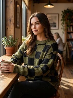 Forever 21 Olive Green and Black Checker Knit Crewneck Sweater